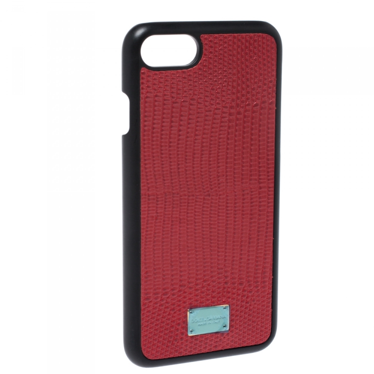 Pre Owned Dolce & Gabbana Red/Black Lizard Embossed Leather Iphone 7 Case