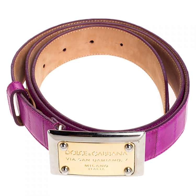Pre Owned Dolce & Gabbana Fuschia Eel Logo Plaque Belt Size 90CM