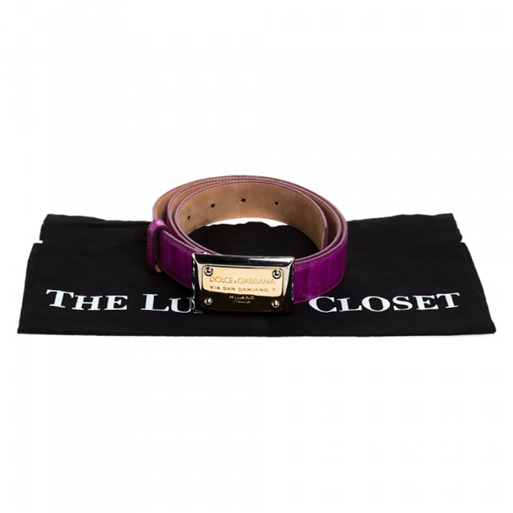 Pre Owned Dolce & Gabbana Fuschia Eel Logo Plaque Belt Size 90CM