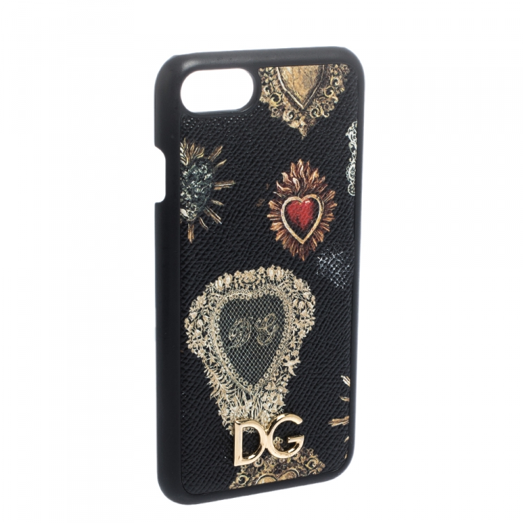 Pre Owned Dolce & Gabbana Black/Gold Sacred Heart Print Leather iPhone 7 Case