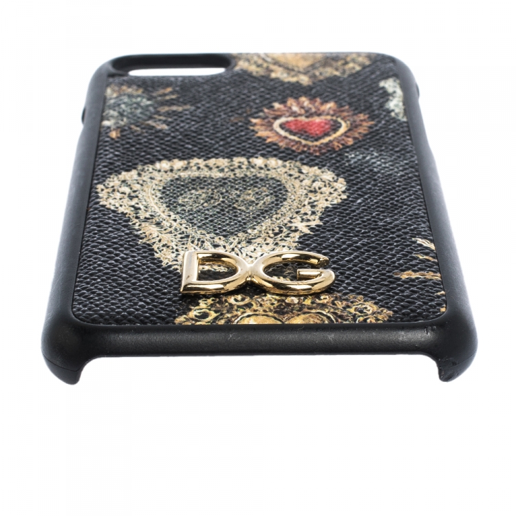 Pre Owned Dolce & Gabbana Black/Gold Sacred Heart Print Leather iPhone 7 Case