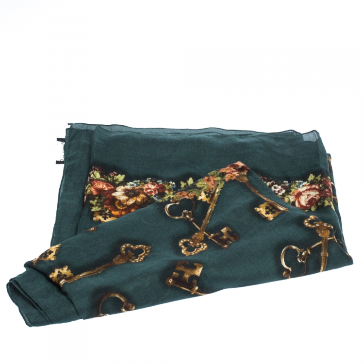Pre Owned Dolce & Gabbana Green Floral & Key Print Cashmere Blend Scarf