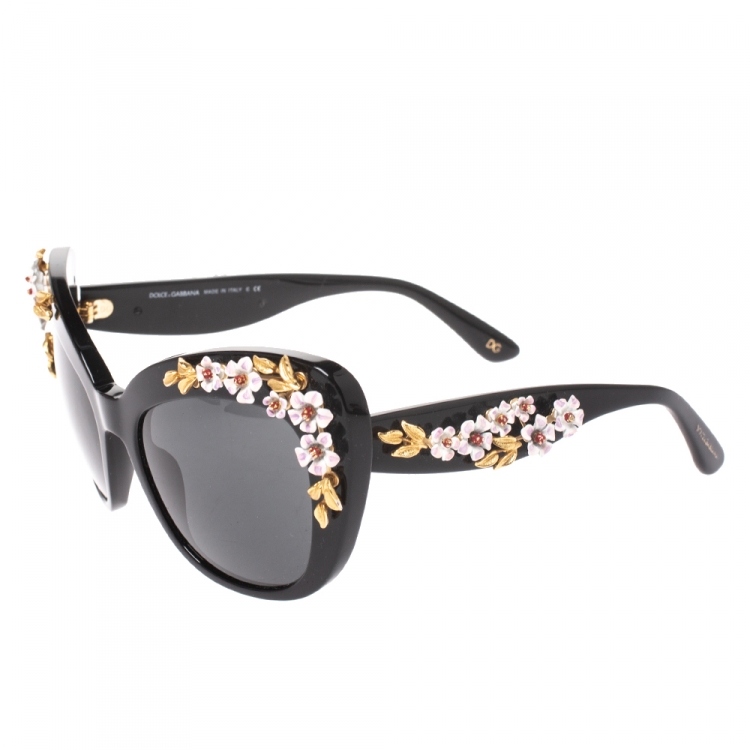 Pre Owned Dolce & Gabbana Black DG 4230 Floral Embellished Cat Eye Sunglasses