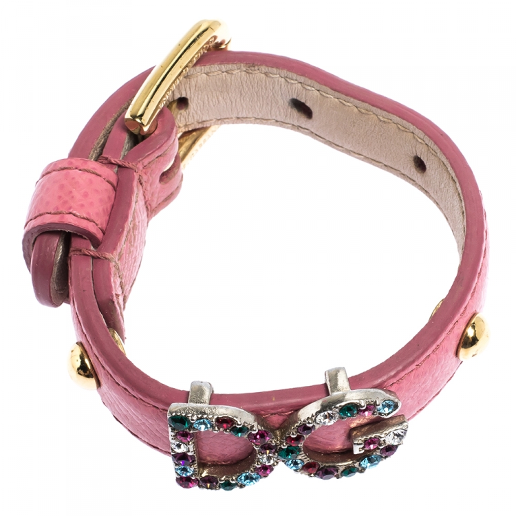 Pre Owned Dolce & Gabbana DG Logo Crystal Detail Pink Leather Bracelet