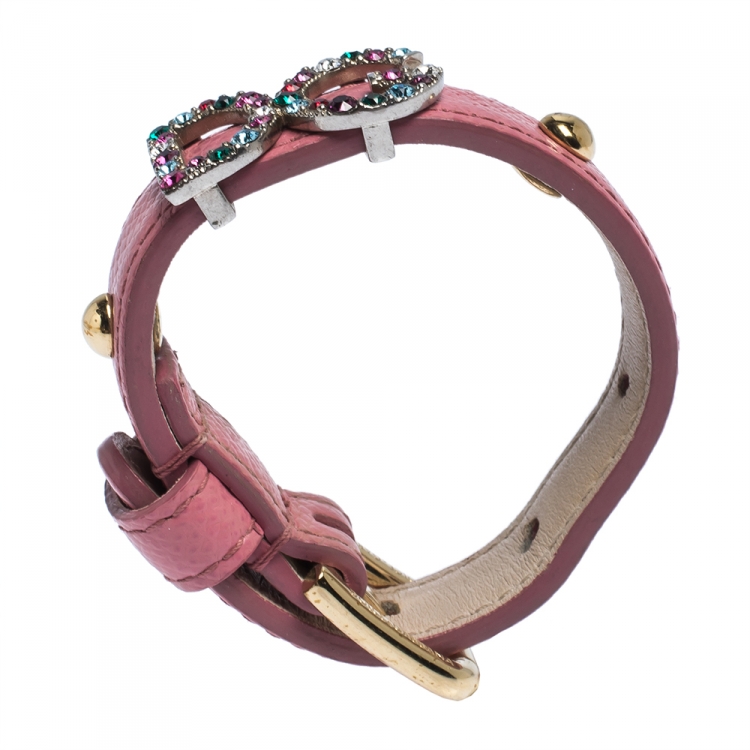 Pre Owned Dolce & Gabbana DG Logo Crystal Detail Pink Leather Bracelet