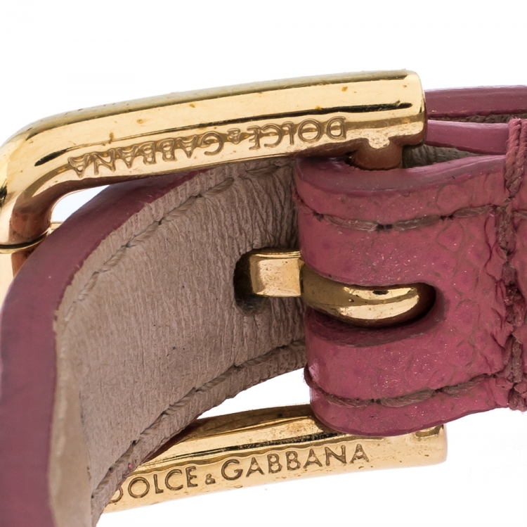 Pre Owned Dolce & Gabbana DG Logo Crystal Detail Pink Leather Bracelet