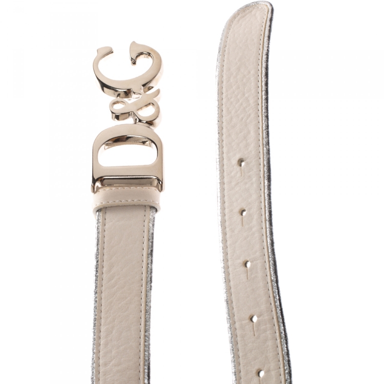 Pre Owned Dolce & Gabbana Cream/Silver Leather DG Logo Belt 100CM