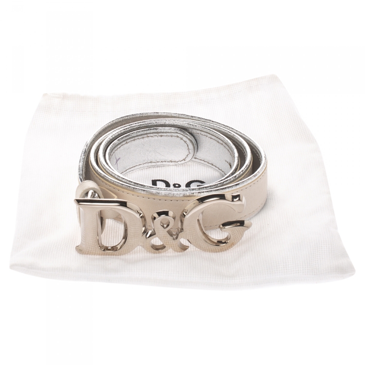 Pre Owned Dolce & Gabbana Cream/Silver Leather DG Logo Belt 100CM