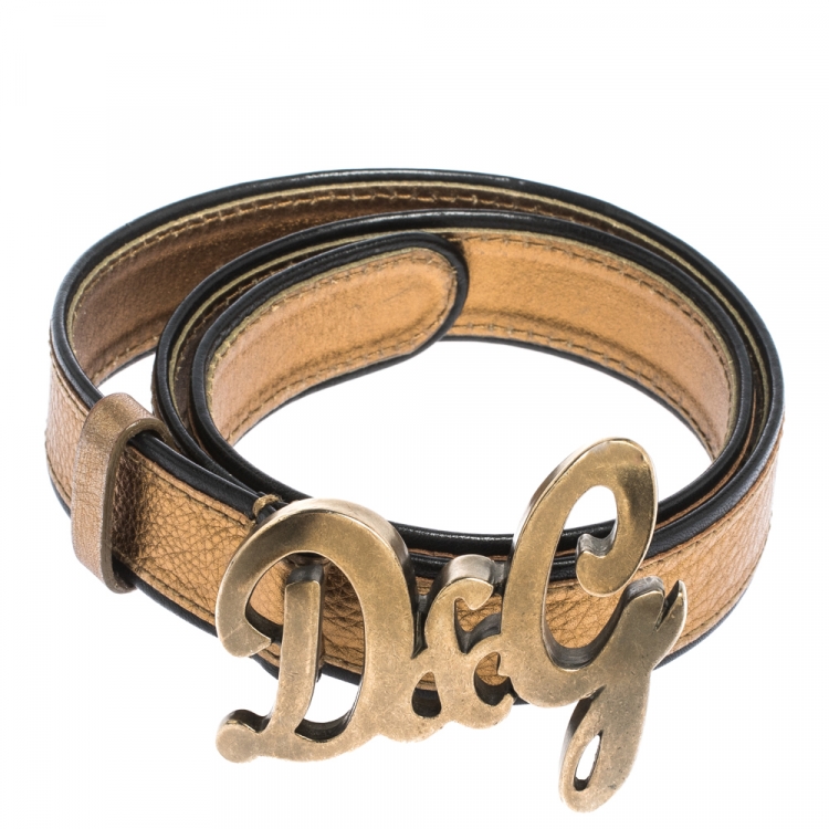 Pre Owned Dolce & Gabbana Metallic Gold/Black Leather D&G Logo Buckle Belt 90CM