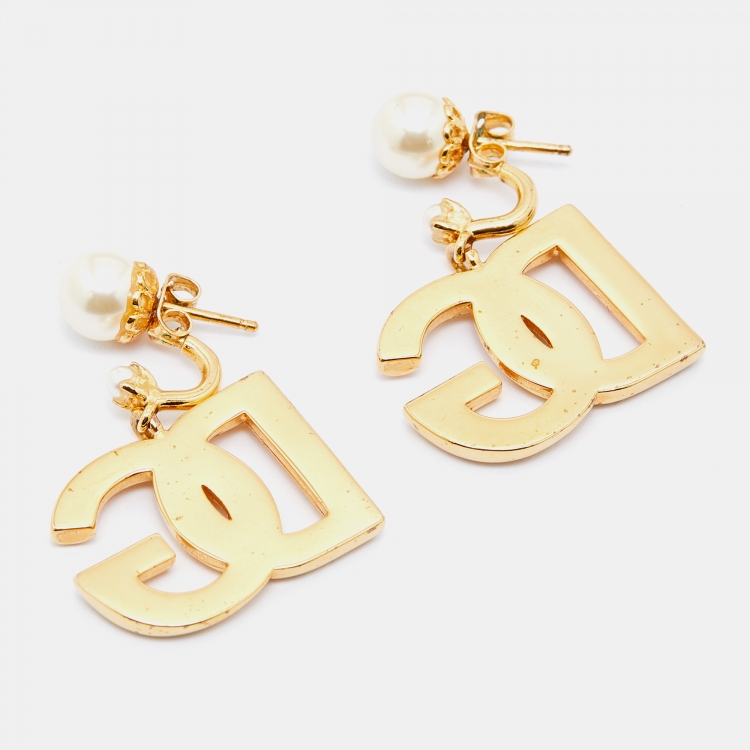 Pre Owned  Dolce & Gabbana. Gold Tone Logo Faux Pearl Drop Earrings