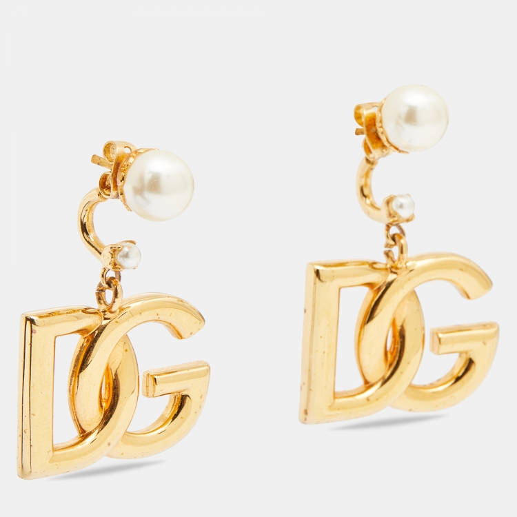 Pre Owned  Dolce & Gabbana. Gold Tone Logo Faux Pearl Drop Earrings
