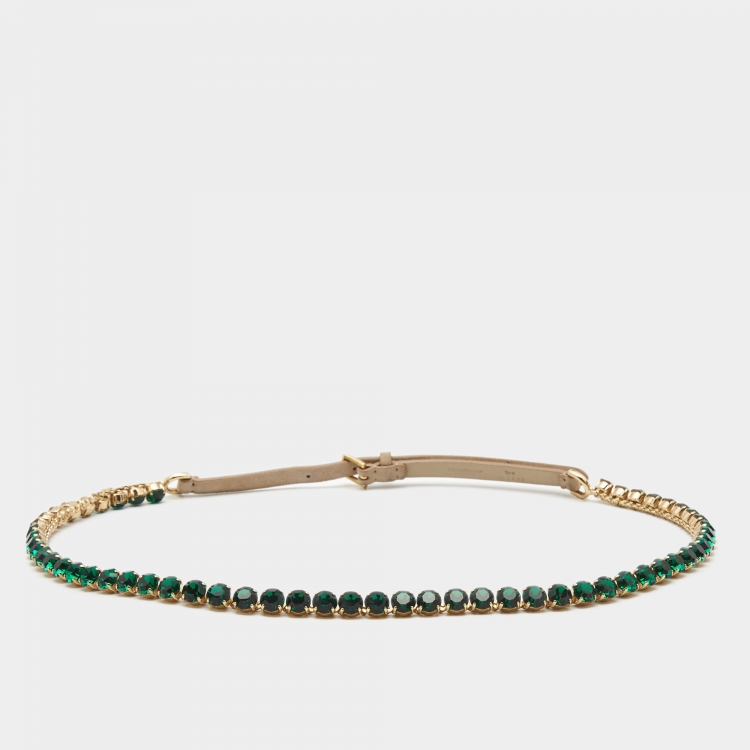 Pre Owned Dolce & Gabbana Beige/Emerald Leather and Suede Crystals Embellishment Slim Buckle Belt