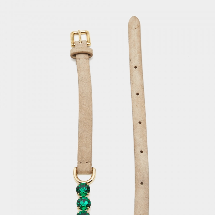 Pre Owned Dolce & Gabbana Beige/Emerald Leather and Suede Crystals Embellishment Slim Buckle Belt