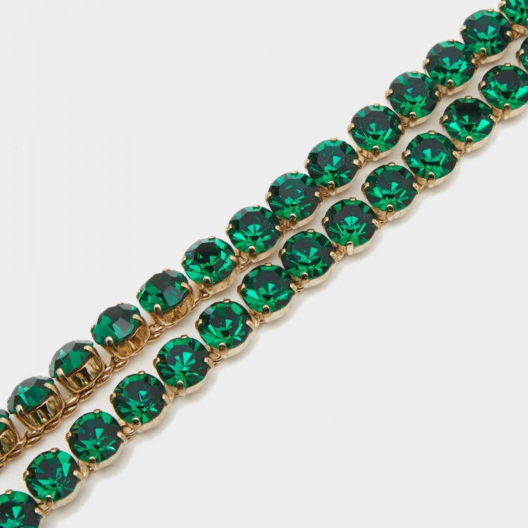 Pre Owned Dolce & Gabbana Beige/Emerald Leather and Suede Crystals Embellishment Slim Buckle Belt