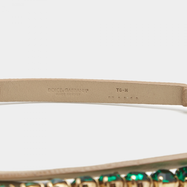 Pre Owned Dolce & Gabbana Beige/Emerald Leather and Suede Crystals Embellishment Slim Buckle Belt