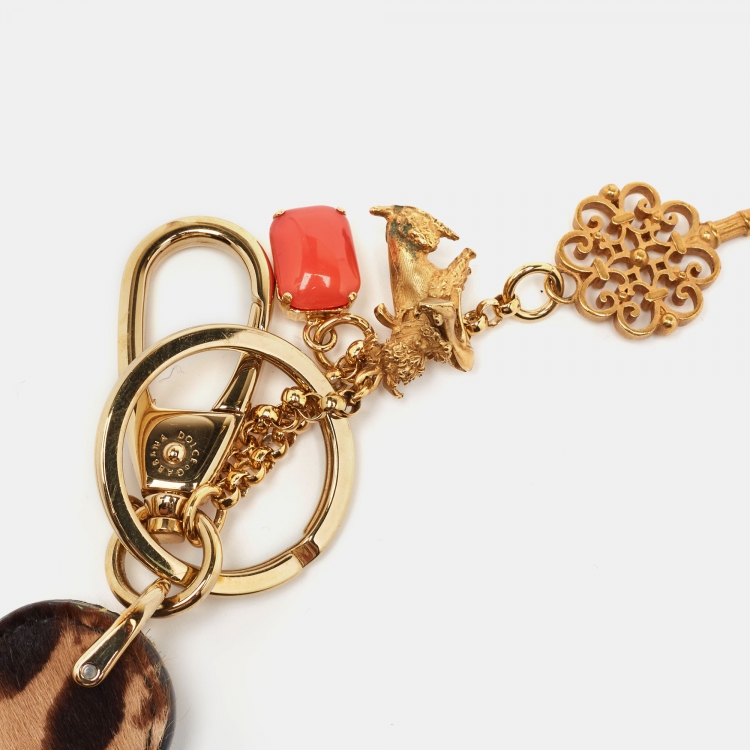 Pre Owned Dolce & Gabbana Brown Leopard Print Calfhair Mirror and Key Bag Charm