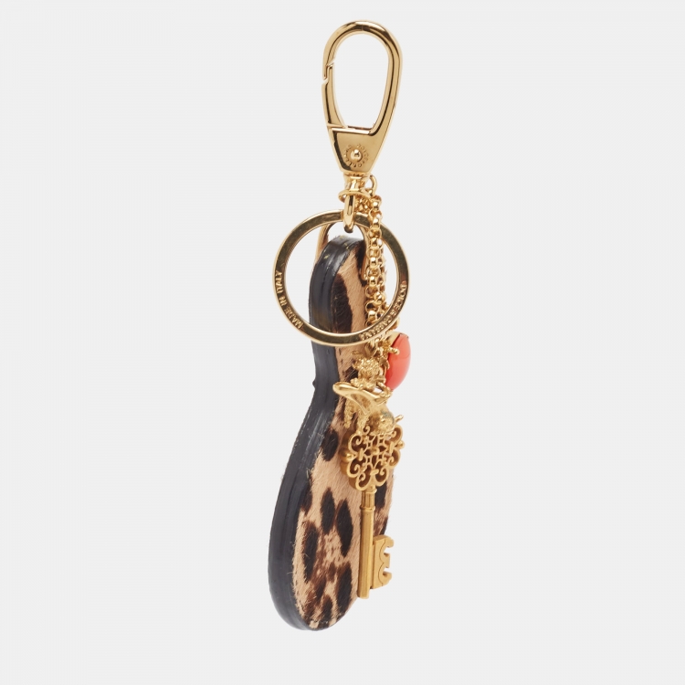 Pre Owned Dolce & Gabbana Brown Leopard Print Calfhair Mirror and Key Bag Charm