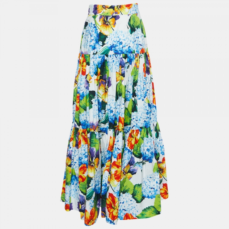 Pre Owned Dolce & Gabbana Multicolor Floral Print Cotton Tiered Maxi Skirt S 