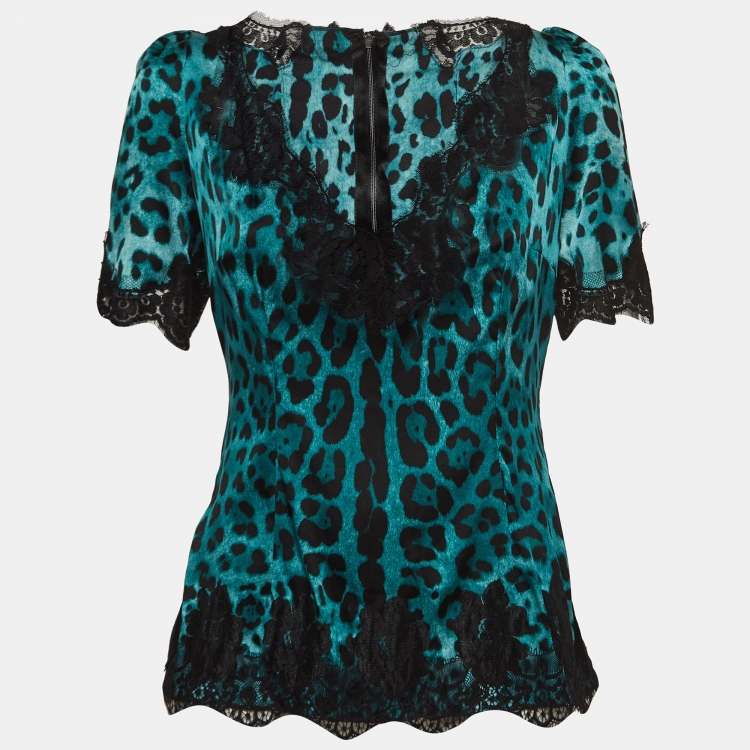 Pre Owned Dolce & Gabbana Blue Leopard Print Silk Lace Trimmed Blouse L