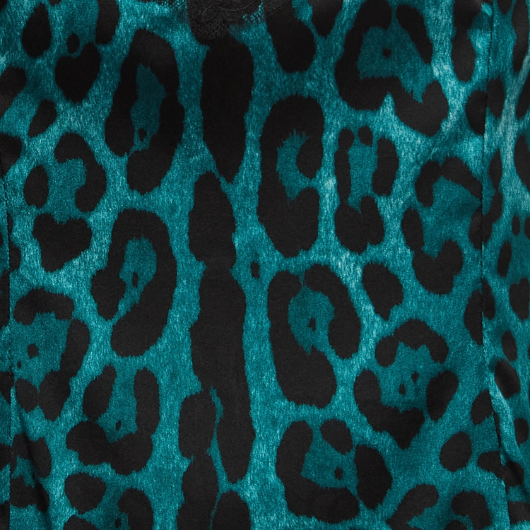 Pre Owned Dolce & Gabbana Blue Leopard Print Silk Lace Trimmed Blouse L