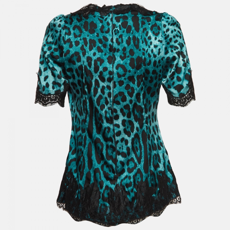 Pre Owned Dolce & Gabbana Blue Leopard Print Silk Lace Trimmed Blouse L