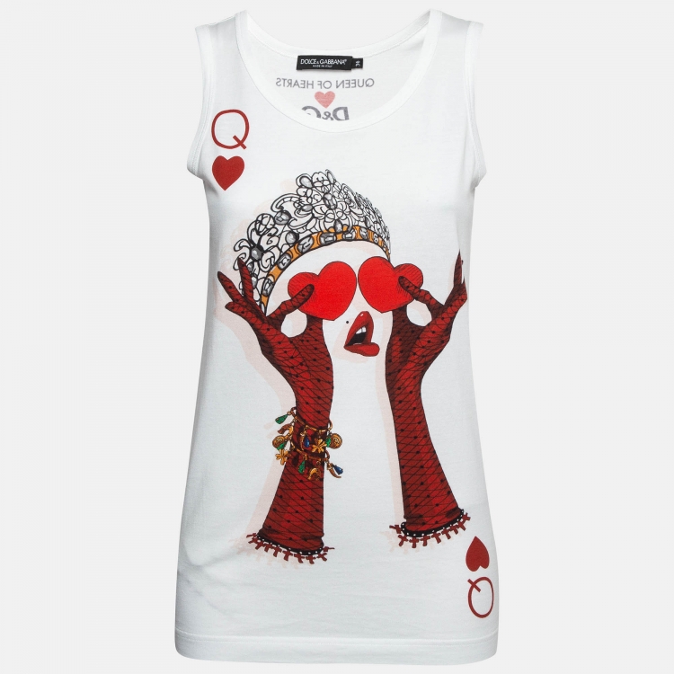 Pre Owned Dolce & Gabbana White Queen of Hearts Print Cotton Tank Top XS