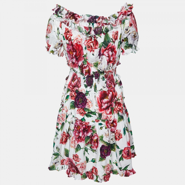 Pre Owned Dolce & Gabbana White Floral Print Cotton Ruffled Dress L