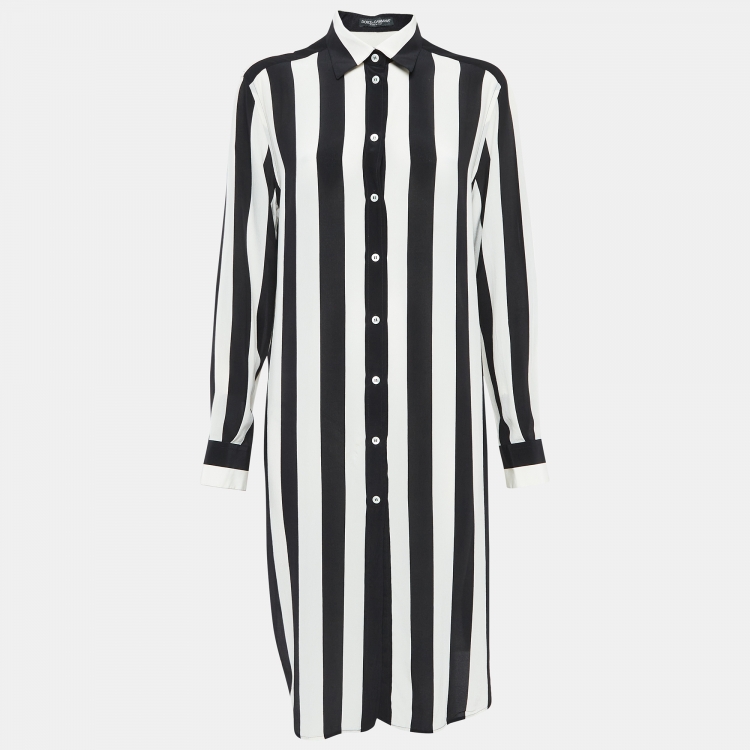 Pre Owned Dolce & Gabbana Black/White Striped Silk Shirt Dress M