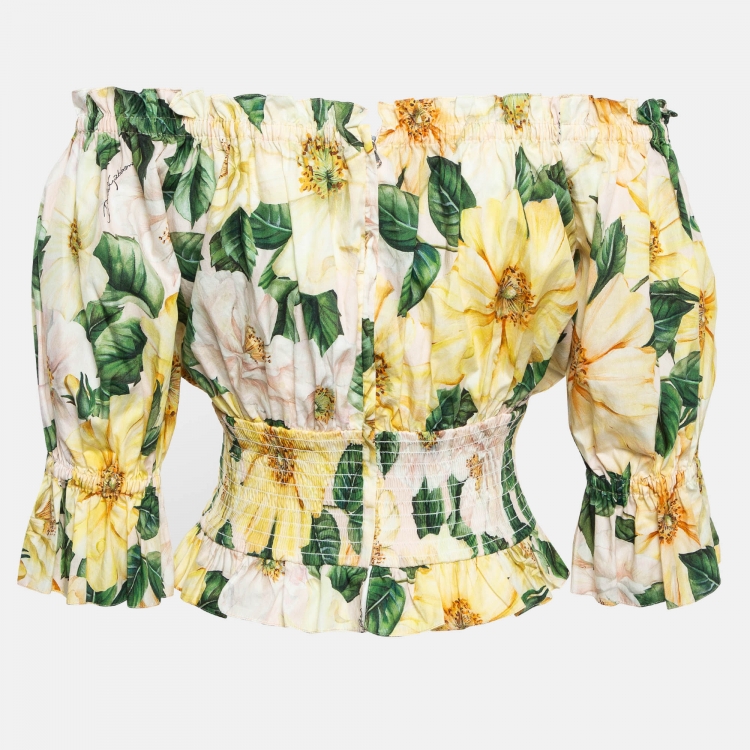 Pre Owned Dolce & Gabbana Yellow Floral Print Cotton Off-The-Shoulder Crop Top S