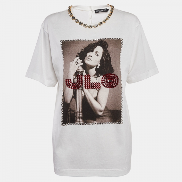 Pre Owned Dolce & Gabbana White J.Lo Photograph Print Jersey Embellished T-Shirt XS