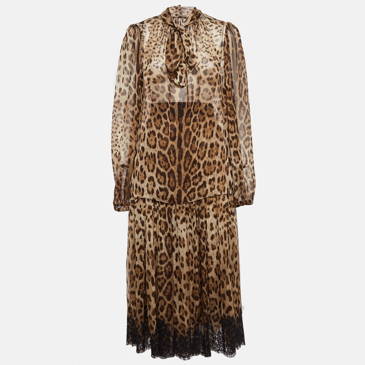 Pre Owned Dolce & Gabbana Brown Animal Print Skirt and Top Set M