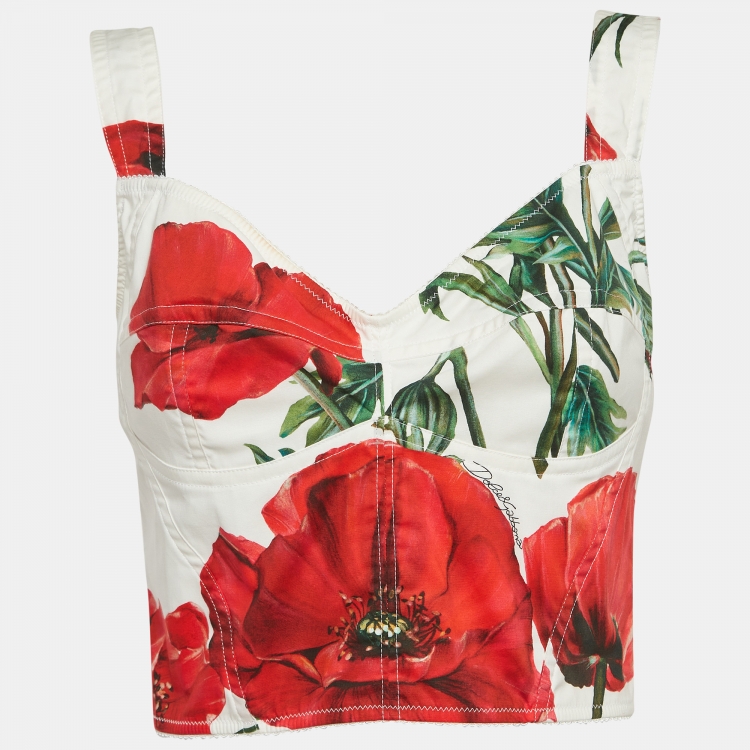 Pre Owned Dolce & Gabbana White Rose Print Poplin Crop Top M