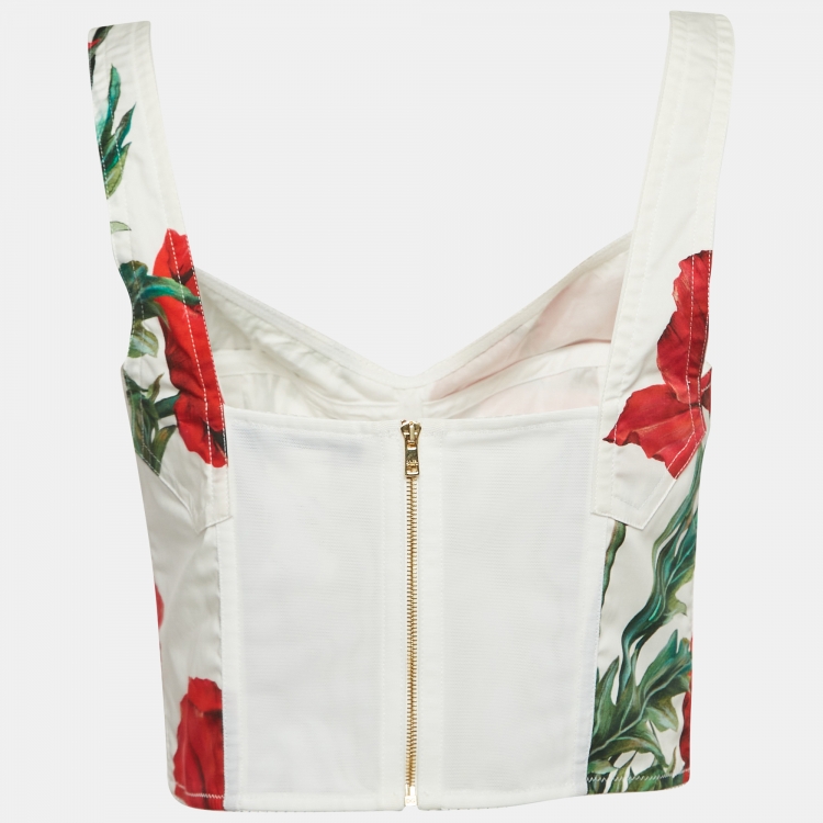 Pre Owned Dolce & Gabbana White Rose Print Poplin Crop Top M