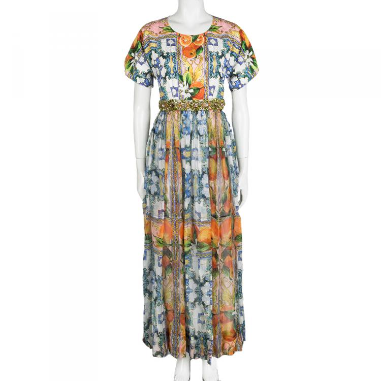 Pre Owned Dolce and Gabbana FW' 14-15  Multicolor Majolica Print Crystal Embellished Dress L