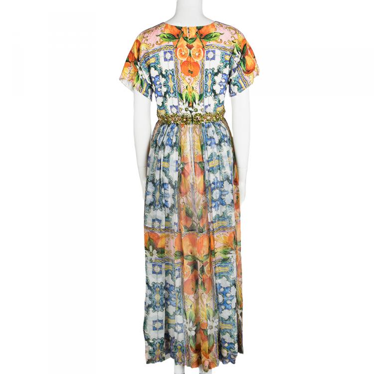 Pre Owned Dolce and Gabbana FW' 14-15  Multicolor Majolica Print Crystal Embellished Dress L