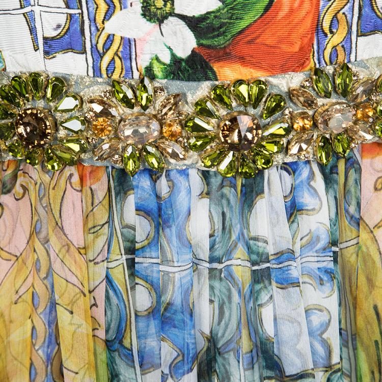 Pre Owned Dolce and Gabbana FW' 14-15  Multicolor Majolica Print Crystal Embellished Dress L
