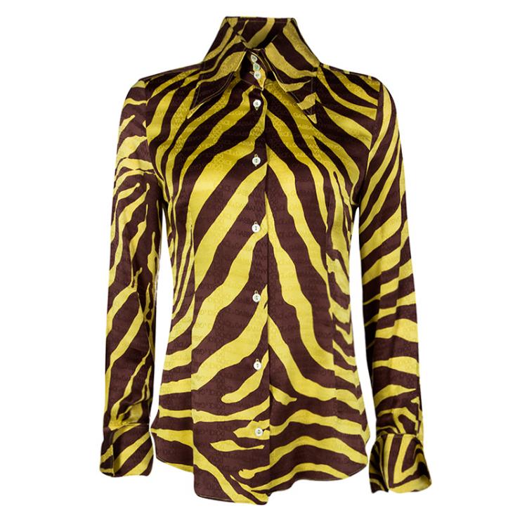Pre Owned Dolce and Gabbana Yellow Brown Animal Striped Silk Button Front Shirt M