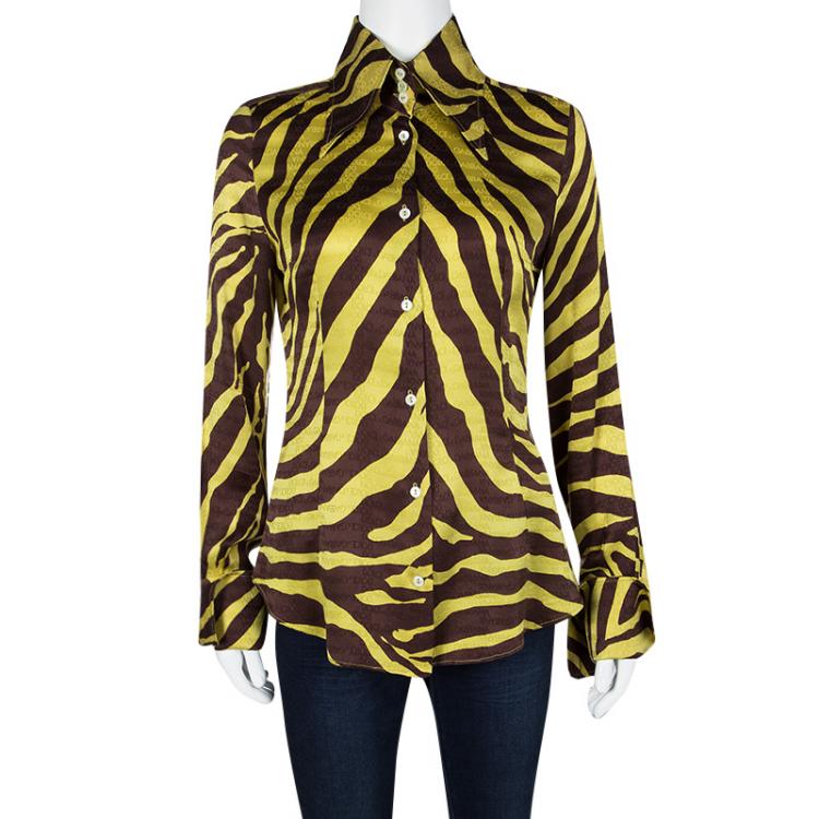 Pre Owned Dolce and Gabbana Yellow Brown Animal Striped Silk Button Front Shirt M