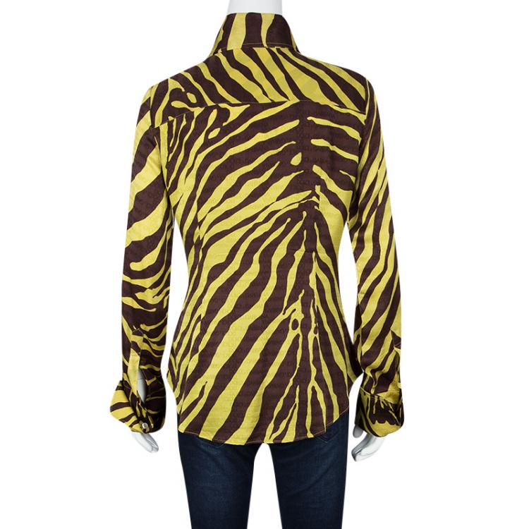 Pre Owned Dolce and Gabbana Yellow Brown Animal Striped Silk Button Front Shirt M