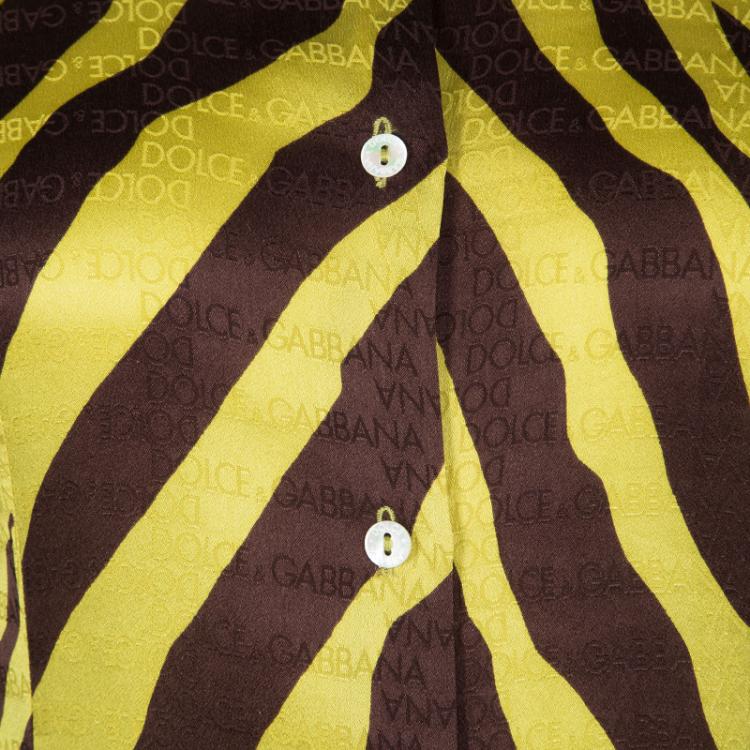 Pre Owned Dolce and Gabbana Yellow Brown Animal Striped Silk Button Front Shirt M