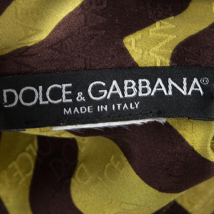 Pre Owned Dolce and Gabbana Yellow Brown Animal Striped Silk Button Front Shirt M