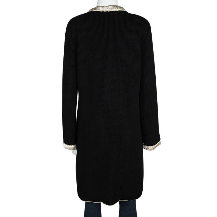 Pre Owned Dolce and Gabbana Black Wool Contrast Silk Trim Detail Long Coat M
