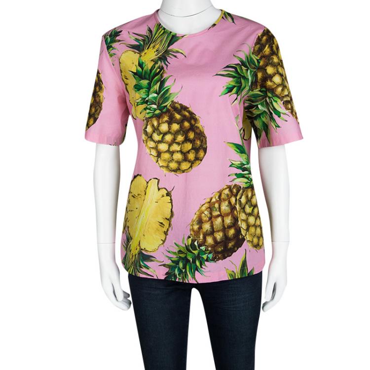 Pre Owned Dolce and Gabbana Pink Pineapple Print Cotton Short Sleeve Top M