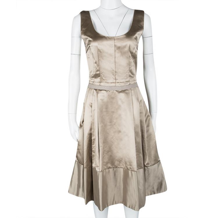 Pre Owned Dolce and Gabbana Beige Satin Pleated Sleeveless Dress S