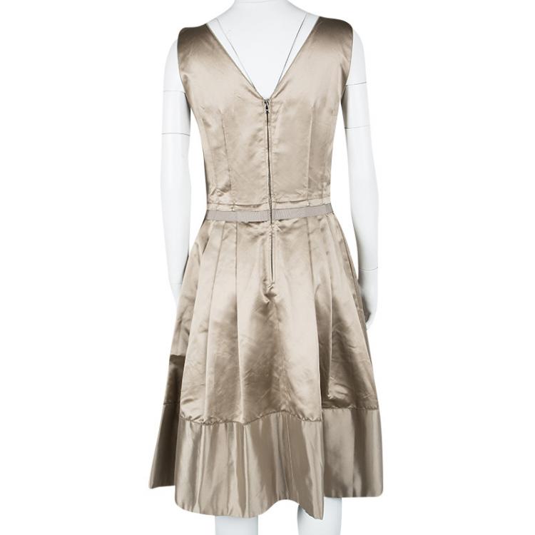 Pre Owned Dolce and Gabbana Beige Satin Pleated Sleeveless Dress S
