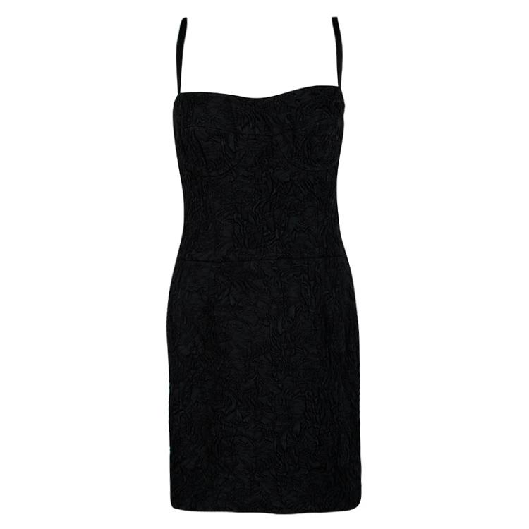 Pre Owned Dolce and Gabbana Black Textured Jacquard Sleeveless Dress L