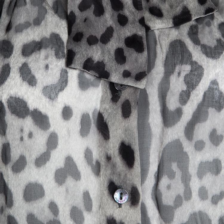 Pre Owned Dolce and Gabbana Grey Leopard Print Tie Detail Button Front Blouse S