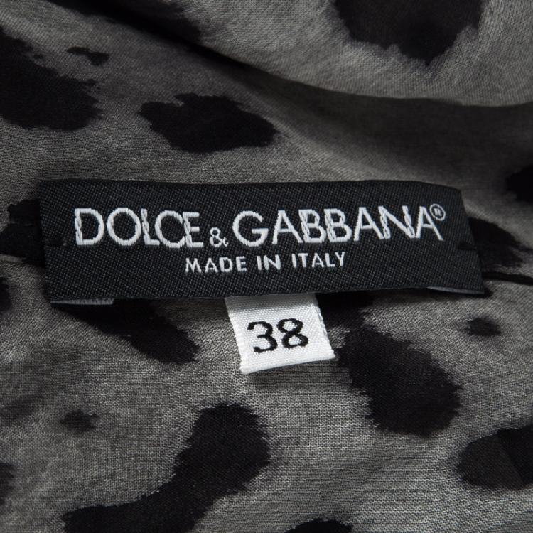 Pre Owned Dolce and Gabbana Grey Leopard Print Tie Detail Button Front Blouse S