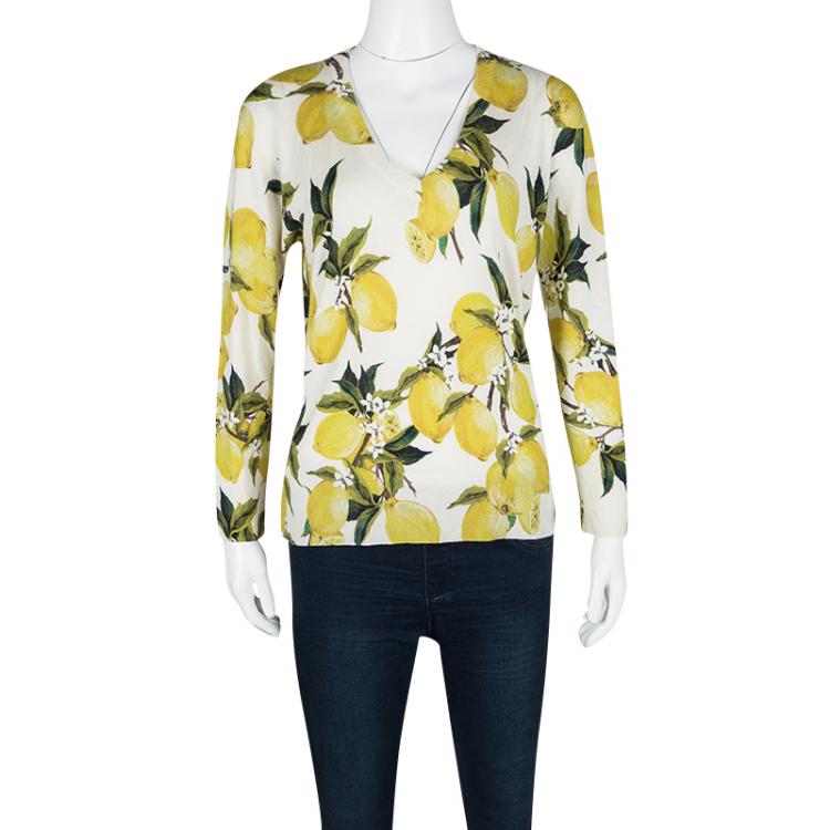 Pre Owned Dolce and Gabbana Cream Lemon Print Cashmere and Silk V Neck Sweater L