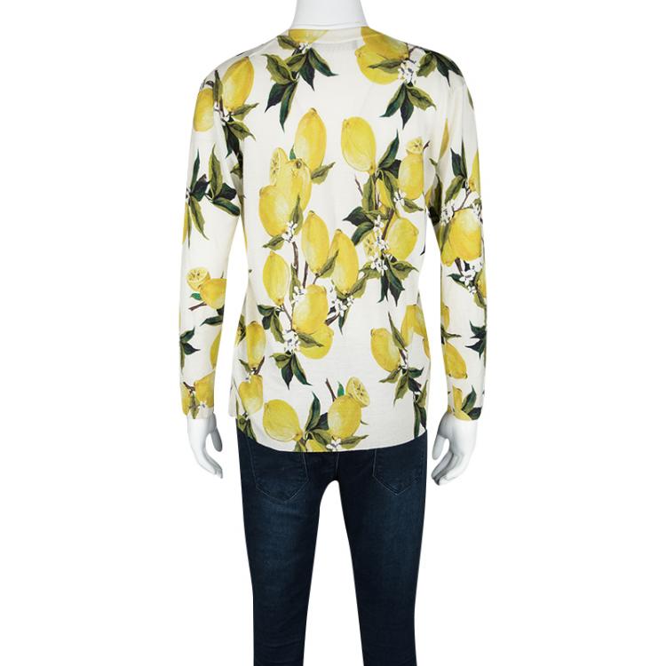 Pre Owned Dolce and Gabbana Cream Lemon Print Cashmere and Silk V Neck Sweater L